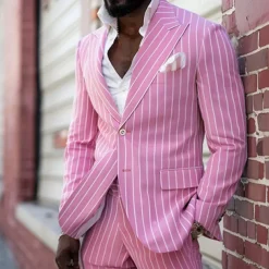 Men's Graduation Blazer Business Cocktail Party Wedding Party Fashion Casual Spring & Fall Polyester Stripes Pocket Buttons Comfortable Single Breasted Blazer Pink