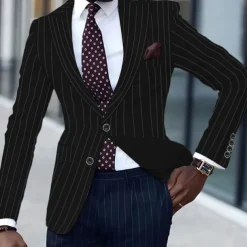 Men's Graduation Blazer Business Cocktail Party Wedding Party Fashion Casual Spring & Fall Polyester Stripes Pocket Buttons Comfortable Single Breasted Blazer Black White Yellow Pink