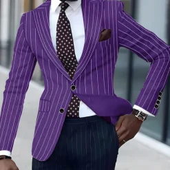 Men's Graduation Blazer Business Cocktail Party Wedding Party Fashion Casual Spring & Fall Polyester Stripes Pocket Buttons Comfortable Single Breasted Blazer Black White Yellow Pink