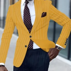 Men's Graduation Blazer Business Cocktail Party Wedding Party Fashion Casual Spring & Fall Polyester Stripes Pocket Buttons Comfortable Single Breasted Blazer Black White Yellow Pink