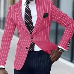 Men's Graduation Blazer Business Cocktail Party Wedding Party Fashion Casual Spring & Fall Polyester Stripes Pocket Buttons Comfortable Single Breasted Blazer Black White Yellow Pink