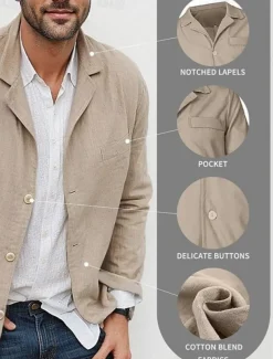 Men's Graduation Blazer Business Cocktail Party Wedding Party Fashion Casual Spring Autumn / Fall Linen Solid Color Pocket Buttons Comfortable Single Breasted Blazer Black Brown khaki Army Green