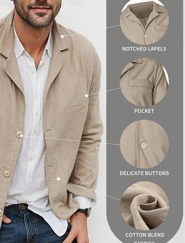 Men's Graduation Blazer Business Cocktail Party Wedding Party Fashion Casual Spring Autumn / Fall Linen Solid Color Pocket Buttons Comfortable Single Breasted Blazer Black Brown khaki Army Green