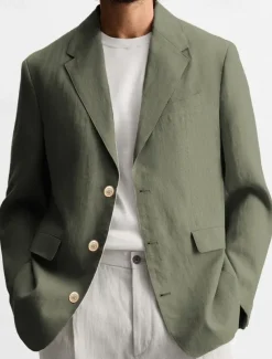 Men's Graduation Blazer Business Cocktail Party Wedding Party Fashion Casual Spring Autumn / Fall Linen Solid Color Pocket Buttons Comfortable Single Breasted Blazer Black Brown khaki Army Green