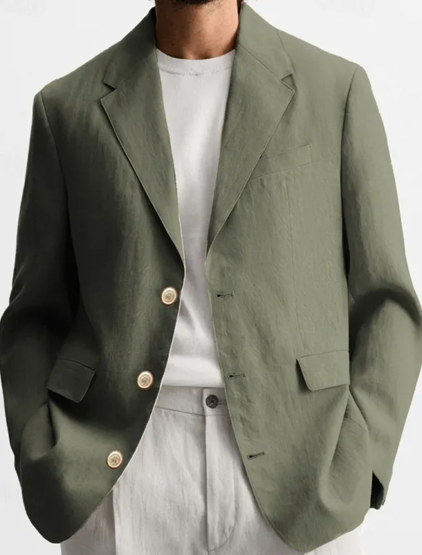Men's Graduation Blazer Business Cocktail Party Wedding Party Fashion Casual Spring Autumn / Fall Linen Solid Color Pocket Buttons Comfortable Single Breasted Blazer Black Brown khaki Army Green