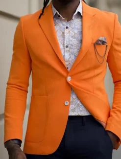 Men's Graduation Blazer Business Cocktail Party Wedding Party Fashion Casual Spring Fall Polyester Plain Pocket Buttons Comfortable Single Breasted Blazer Orange Light Blue