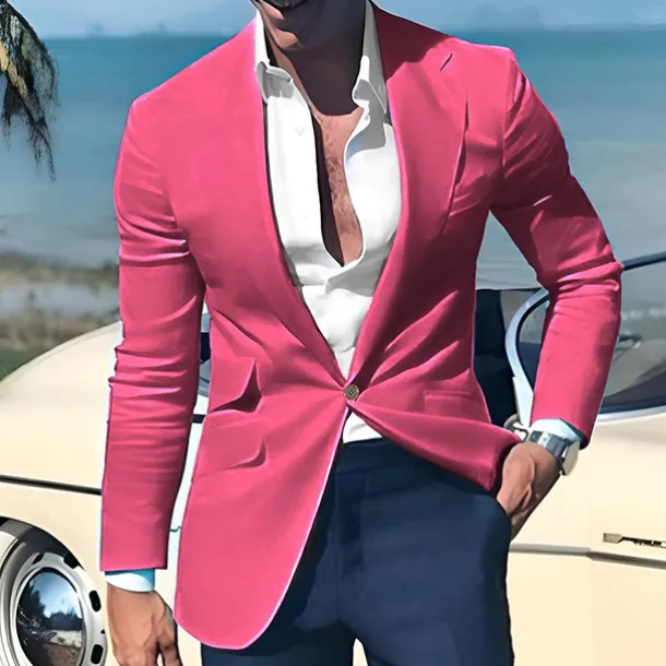 Men's Graduation Blazer Business Cocktail Party Wedding Party Fashion Casual Spring & Fall Polyester Linen Plain Pocket Buttons Comfortable Single Breasted One-button Blazer Light Pink Yellow Pink