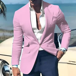 Men's Graduation Blazer Business Cocktail Party Wedding Party Fashion Casual Spring & Fall Polyester Linen Plain Pocket Buttons Comfortable Single Breasted One-button Blazer Light Pink Yellow Pink
