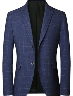 Men's Graduation Cocktail Attire Blazer Business Formal Evening Classic & Timeless Spring Fall Polyester Plaid Checkered Formal Style Wedding Single Breasted Two-button Blazer Black Dark Blue