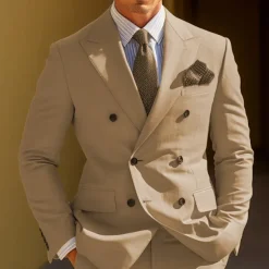 Men's Graduation Cocktail Attire Blazer Business Wedding Party Fashion Casual Spring & Fall Polyester Plain Pocket Buttons Casual / Daily Double Breasted Blazer Yellow Burgundy Royal Blue khaki