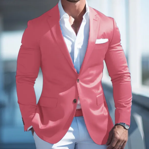 Men's Graduation Cocktail Attire Blazer Business Formal Evening Wedding Party Fashion Casual Spring & Fall Polyester Plain Pocket Casual / Daily Single Breasted Blazer Pink Blue Dark Blue