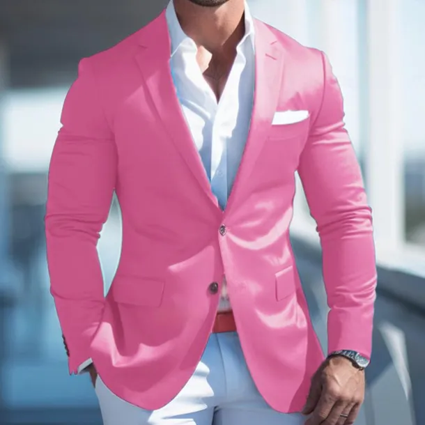 Men's Graduation Cocktail Attire Blazer Business Formal Evening Wedding Party Fashion Casual Spring & Fall Polyester Plain Pocket Casual / Daily Single Breasted Blazer Pink Blue Dark Blue