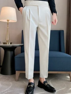 Men's Graduation Dress Pants Trousers Chinos Pocket Solid Color Comfort Formal Party Work Fashion Classic Style Black White Micro-elastic