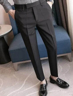 Men's Graduation Dress Pants Trousers Chinos Buttons Pocket Solid Color Comfort Formal Party Work Fashion Classic Style Black Coffee Micro-elastic