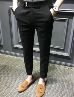 Men's Graduation Dress Pants Trousers Chinos Buttons Pocket Plain Comfort Formal Party Work Fashion Classic Style Black White Micro-elastic