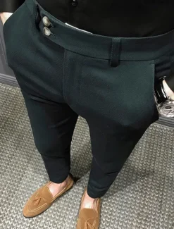 Men's Graduation Dress Pants Trousers Chinos Buttons Pocket Plain Comfort Formal Party Work Fashion Classic Style Black White Micro-elastic