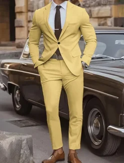 Men's Graduation Set Blazer Business Cocktail Party Wedding Party Fashion Casual Spring & Fall Polyester Plain Pocket 2 Piece Comfortable Single Breasted Blazer Yellow Pink Royal Blue Blue