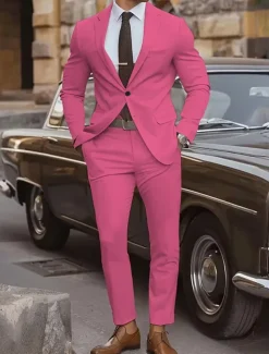 Men's Graduation Set Blazer Business Cocktail Party Wedding Party Fashion Casual Spring & Fall Polyester Plain Pocket 2 Piece Comfortable Single Breasted Blazer Yellow Pink Royal Blue Blue