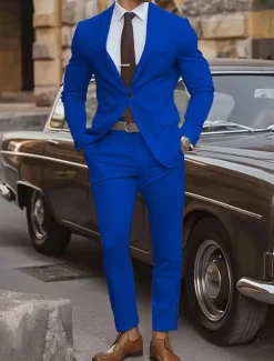 Men's Graduation Set Blazer Business Cocktail Party Wedding Party Fashion Casual Spring & Fall Polyester Plain Pocket 2 Piece Comfortable Single Breasted Blazer Yellow Pink Royal Blue Blue