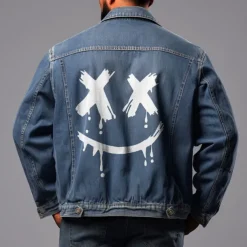 Men's Graffiti Coat Jean Jacket Denim Jacket Breathable Comfortable Casual Sports & Outdoor Going out Weekend Buttons Print Fall & Winter Turndown Long Sleeve Black Blue