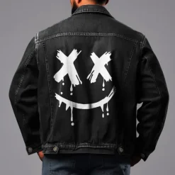 Men's Graffiti Coat Jean Jacket Denim Jacket Breathable Comfortable Casual Sports & Outdoor Going out Weekend Buttons Print Fall & Winter Turndown Long Sleeve Black Blue