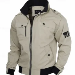 Men's Graphic American US Flag Jacket Coat Tactical Thermal Warm Comfy Casual Sports Outdoor Camping & Hiking Side Pockets Zip Front Fall Winter Standing Collar Long Sleeve khaki