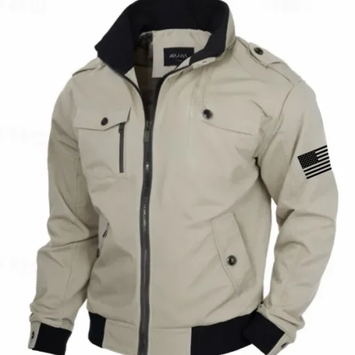 Men's Graphic American US Flag Jacket Coat Tactical Thermal Warm Comfy Casual Sports Outdoor Camping & Hiking Side Pockets Zip Front Fall Winter Standing Collar Long Sleeve khaki