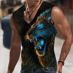 Men's Graphic Animal Lion Vest Top Sleeveless T Shirt for Men Sleeveless T shirt 3D Print V Neck Shirt Designer Casual Muscle Sports Running Gym Blue Orange Green Spring & Summer Clothing Apparel S M