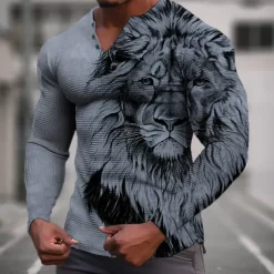 Men's Graphic Animal Lion Henley Shirt Waffle T Shirt Long Sleeve 3D Print Fashion Designer Casual Sports Outdoor Holiday Festival Spring & Fall Blue Green Khaki Gray Henley Henley T-Shirt