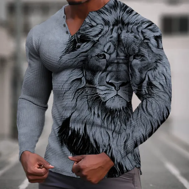 Men's Graphic Animal Lion Henley Shirt Waffle T Shirt Long Sleeve 3D Print Fashion Designer Casual Sports Outdoor Holiday Festival Spring & Fall Blue Green Khaki Gray Henley Henley T-Shirt