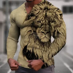 Men's Graphic Animal Lion Henley Shirt Waffle T Shirt Long Sleeve 3D Print Fashion Designer Casual Sports Outdoor Holiday Festival Spring & Fall Blue Green Khaki Gray Henley Henley T-Shirt