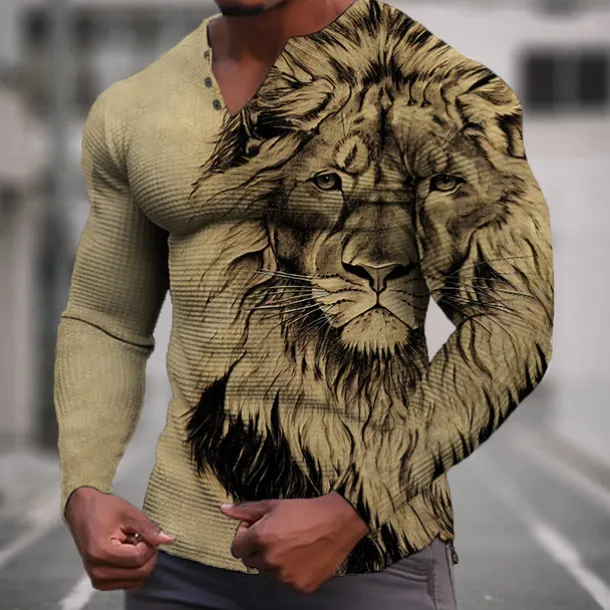 Men's Graphic Animal Lion Henley Shirt Waffle T Shirt Long Sleeve 3D Print Fashion Designer Casual Sports Outdoor Holiday Festival Spring & Fall Blue Green Khaki Gray Henley Henley T-Shirt