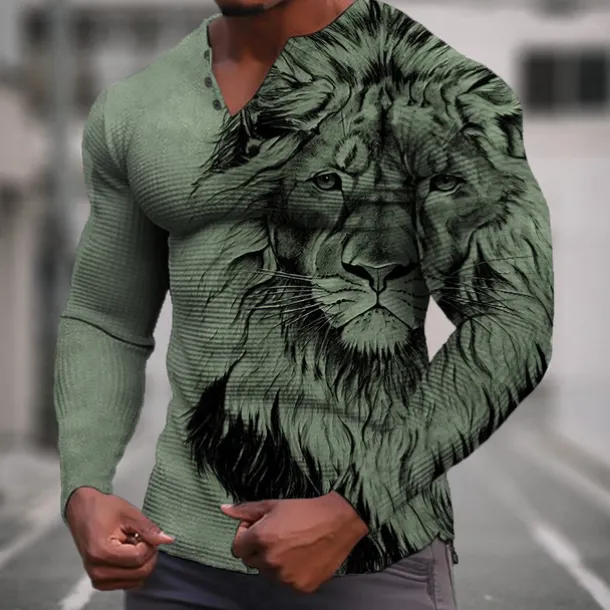 Men's Graphic Animal Lion Henley Shirt Waffle T Shirt Long Sleeve 3D Print Fashion Designer Casual Sports Outdoor Holiday Festival Spring & Fall Blue Green Khaki Gray Henley Henley T-Shirt