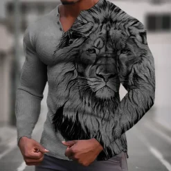 Men's Graphic Animal Lion Henley Shirt Waffle T Shirt Long Sleeve 3D Print Fashion Designer Casual Sports Outdoor Holiday Festival Spring & Fall Blue Green Khaki Gray Henley Henley T-Shirt
