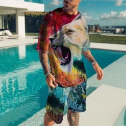 Men's Graphic Animal 2pcs Tees sets Matching Sets Short Sleeve Short Pants Crew Neck Fashion Lightweight Basic Street Daily Sports Print Summer Spring Orange Brown Green