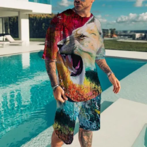 Men's Graphic Animal 2pcs Tees sets Matching Sets Short Sleeve Short Pants Crew Neck Fashion Lightweight Basic Street Daily Sports Print Summer Spring Orange Brown Green