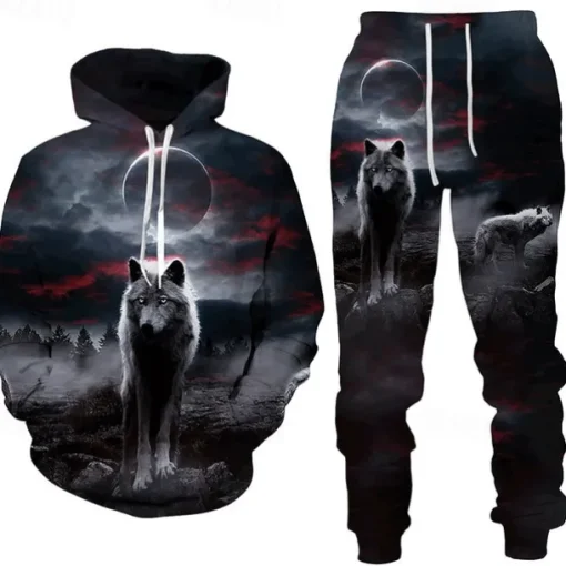 Men's Graphic Animal Wolf 2pcs 3D Sweatshirt Sets Tracksuit Hoodies Long Sleeve Long pants Hooded Streetwear Designer Basic Sports & Outdoor Casual Sports Print Spring Fall Black White Blue