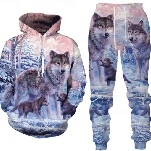 Men's Graphic Animal Wolf 2pcs 3D Sweatshirt Sets Tracksuit Hoodies Long Sleeve Long pants Hooded Streetwear Designer Basic Sports & Outdoor Casual Sports Print Spring Fall Black White Blue