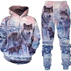 Men's Graphic Animal Wolf 2pcs 3D Sweatshirt Sets Tracksuit Hoodies Long Sleeve Long pants Hooded Streetwear Designer Basic Sports & Outdoor Casual Sports Print Spring Fall Blue