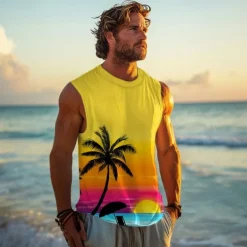 Men's Graphic Coconut Palm Vest Top Sleeveless T Shirt for Men Sleeveless T shirt 3D Print Crew Neck Shirt Vacation Tropical Designer Party Daily Gym Yellow Spring & Summer Clothing Apparel S M L XL