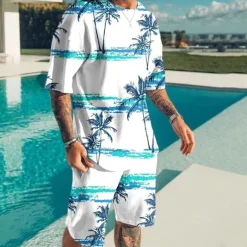 Men's Graphic Coconut Tree 2pcs Tees sets Matching Sets Short Sleeve Short Pants Crew Neck Designer Casual Comfortable Outdoor Vacation Daily 3D Print Spring & Summer Yellow Blue Purple