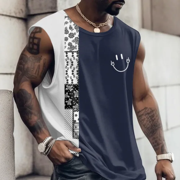 Men's Graphic Color Block Vest Top Sleeveless T Shirt for Men Cap Sleeve T shirt 3D Print Crew Neck Shirt Fashion Designer Muscle Daily Sports Gym White Navy Blue Red Spring & Summer Clothing Apparel