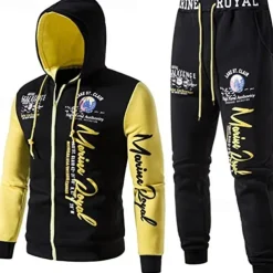 Men's Graphic Color Block Letter 2pcs 3D Sweatshirt Sets Hoodie Tracksuit Long Sleeve Long pants Hooded Streetwear Designer Casual Sports & Outdoor Casual Sports Zipper Print Spring Fall Yellow Blue