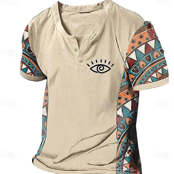 Men's Graphic Color Block Tribal T Shirt Henley Shirt Short Sleeve 3D Printing Designer Ethnic Classic Outdoor Vacation Daily Spring & Summer Dark Brown Blue Sky Blue Brown Green V Neck Henley T-Shirt