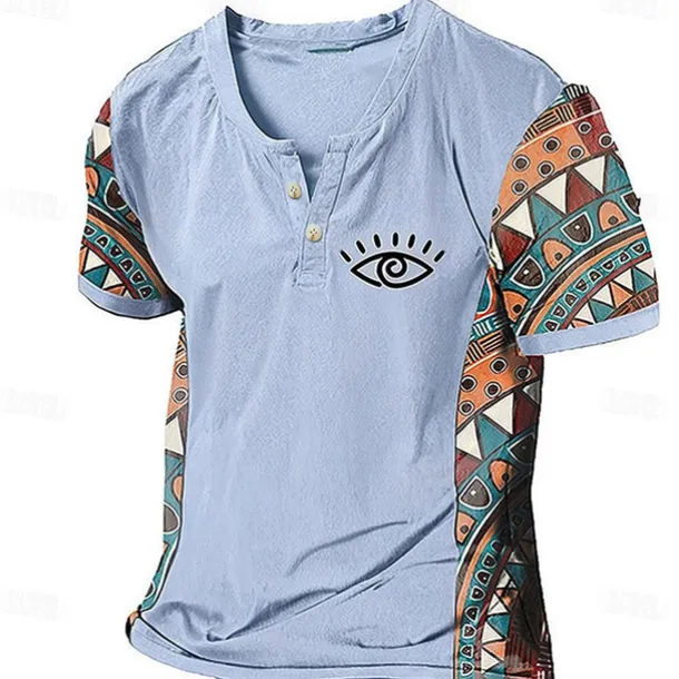 Men's Graphic Color Block Tribal T Shirt Henley Shirt Short Sleeve 3D Printing Designer Ethnic Classic Outdoor Vacation Daily Spring & Summer Dark Brown Blue Sky Blue Brown Green V Neck Henley T-Shirt