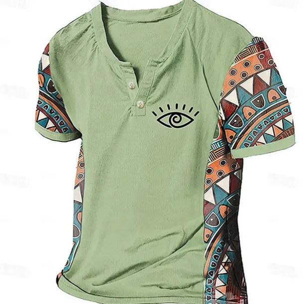 Men's Graphic Color Block Tribal T Shirt Henley Shirt Short Sleeve 3D Printing Designer Ethnic Classic Outdoor Vacation Daily Spring & Summer Dark Brown Blue Sky Blue Brown Green V Neck Henley T-Shirt