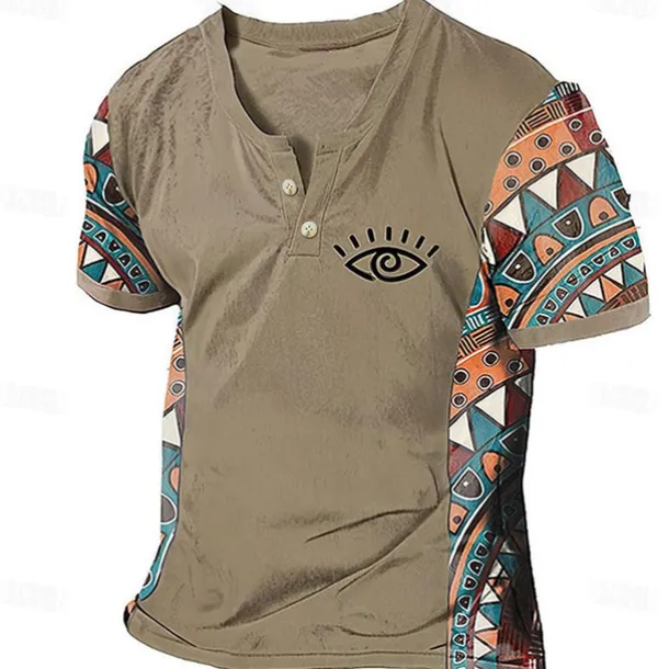 Men's Graphic Color Block Tribal T Shirt Henley Shirt Short Sleeve 3D Printing Designer Ethnic Classic Outdoor Vacation Daily Spring & Summer Dark Brown Blue Sky Blue Brown Green V Neck Henley T-Shirt