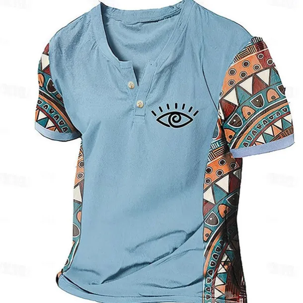 Men's Graphic Color Block Tribal T Shirt Henley Shirt Short Sleeve 3D Printing Designer Ethnic Classic Outdoor Vacation Daily Spring & Summer Dark Brown Blue Sky Blue Brown Green V Neck Henley T-Shirt