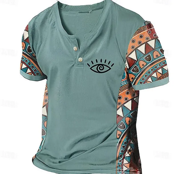 Men's Graphic Color Block Tribal T Shirt Henley Shirt Short Sleeve 3D Printing Designer Ethnic Classic Outdoor Vacation Daily Spring & Summer Dark Brown Blue Sky Blue Brown Green V Neck Henley T-Shirt