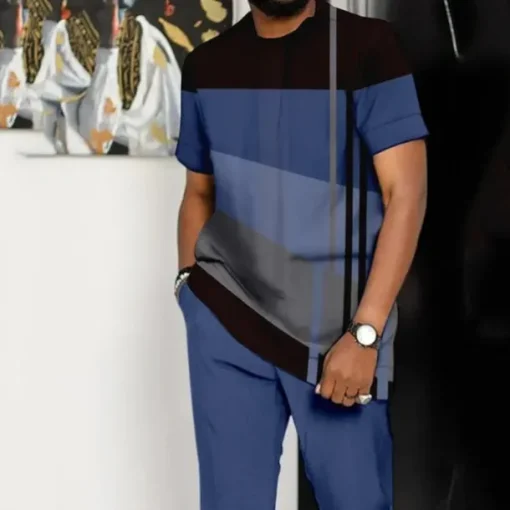 Men's Graphic Color Block 2pcs Tees sets Tee Top Short Sleeve Long pants Crew Neck Designer Casual Comfortable Outdoor Vacation Daily 3D Print Spring & Summer Blue Dark Green Brown